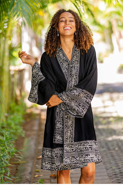 Midnight Rose Indonesian Floral Patterned Black and White Short Robe