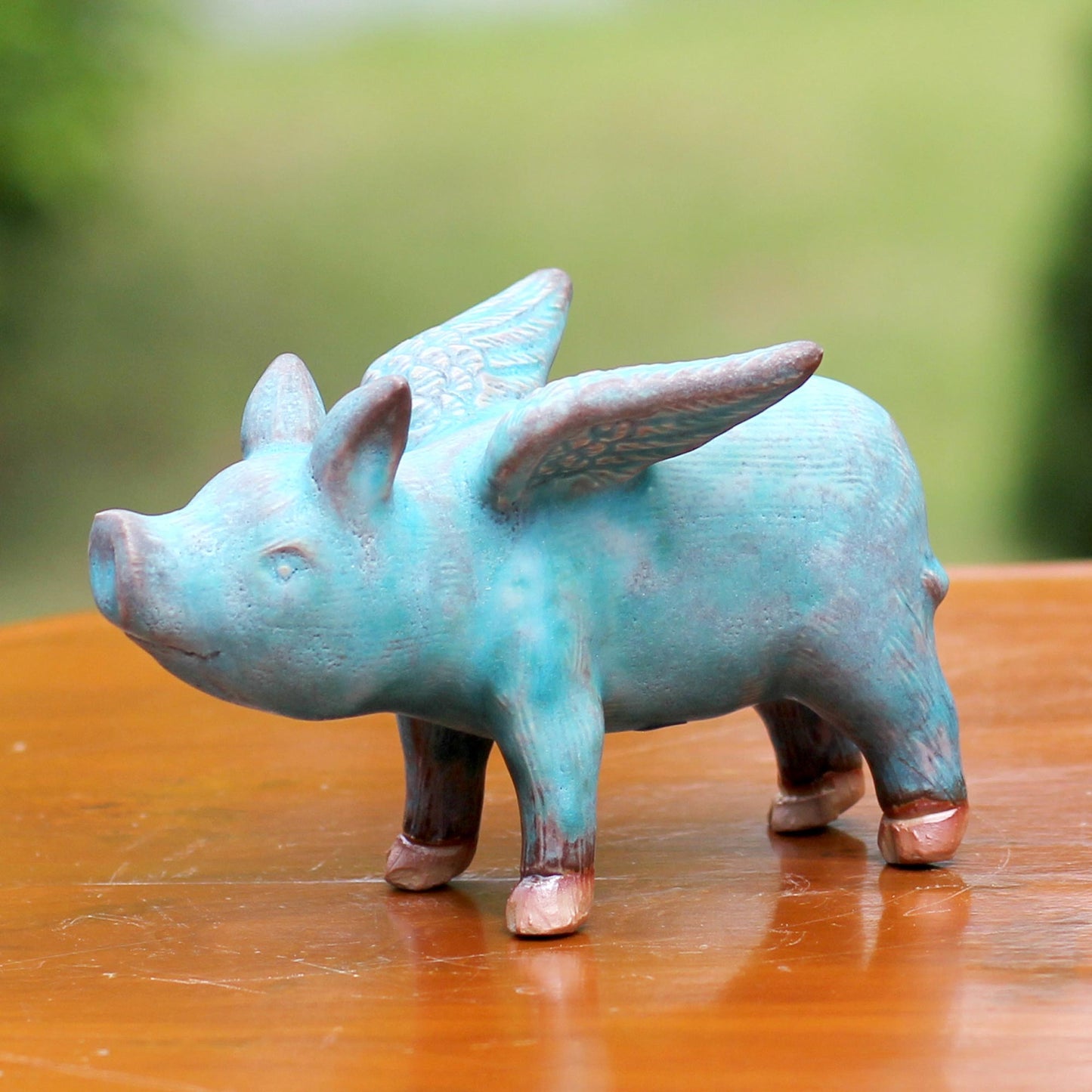 Blue Flying Pig Ceramic Sculpture