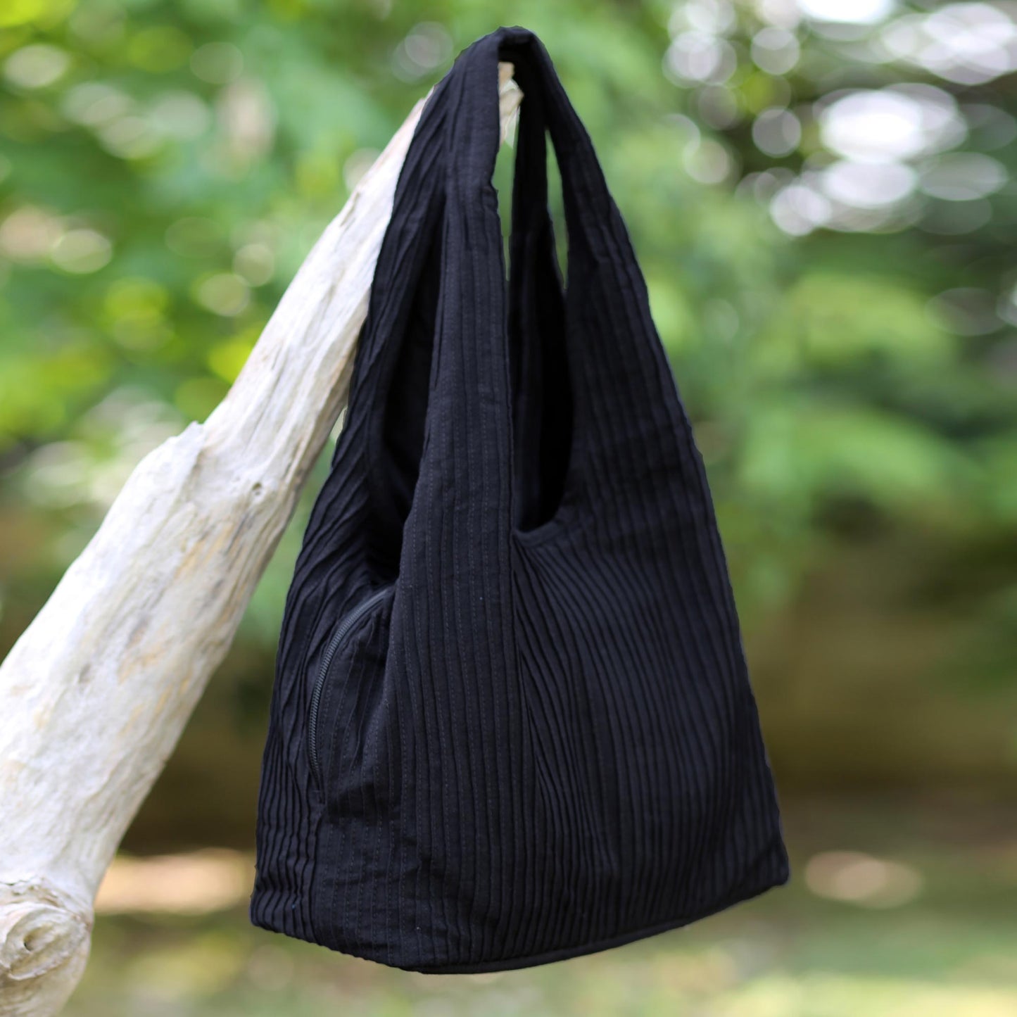 Thai Texture in Black 100% Cotton Textured Shoulder Bag in Black from Thailand