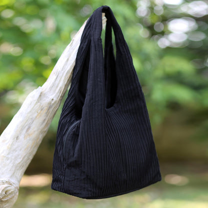 Thai Texture in Black 100% Cotton Textured Shoulder Bag in Black from Thailand
