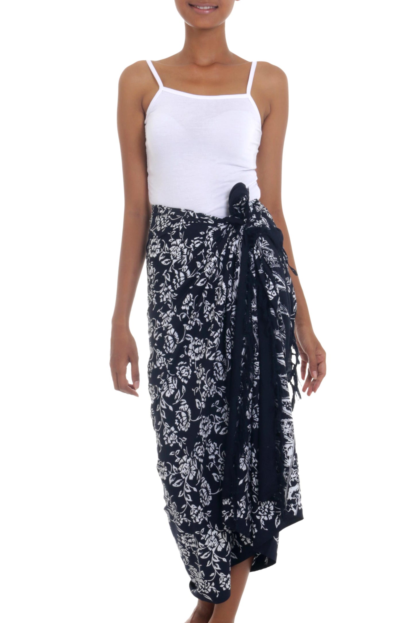 Tropical Garden in Black Black and White Rayon Sarong with Floral Batik Motifs