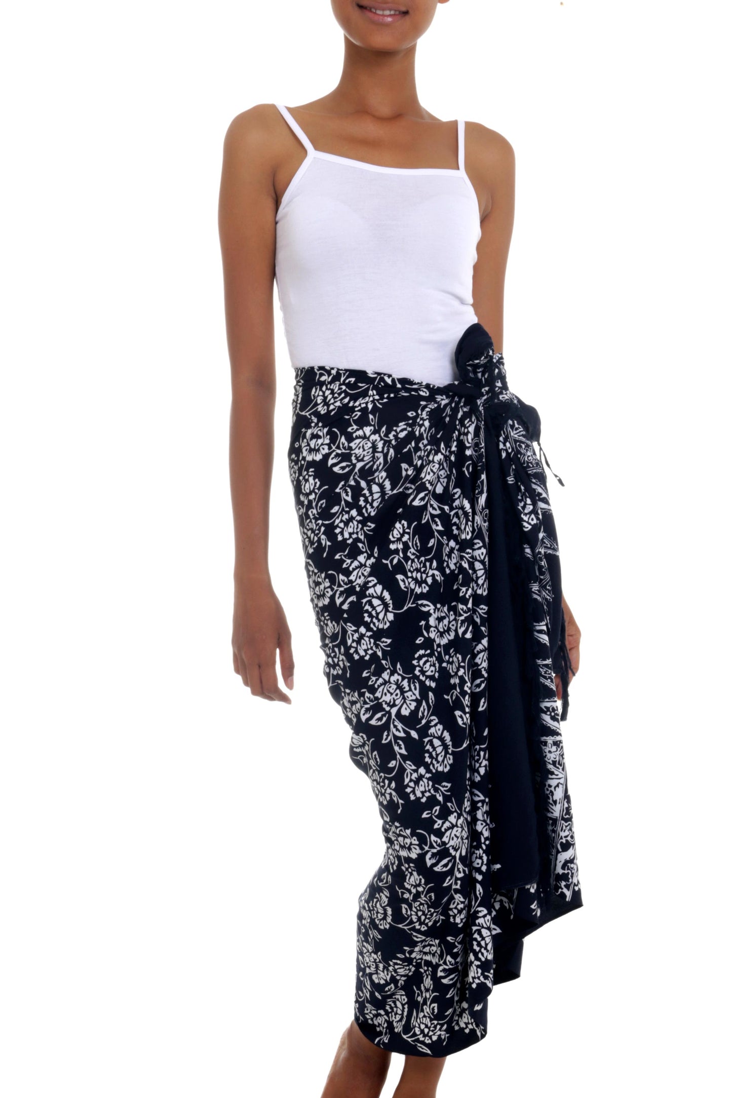 Tropical Garden in Black Black and White Rayon Sarong with Floral Batik Motifs
