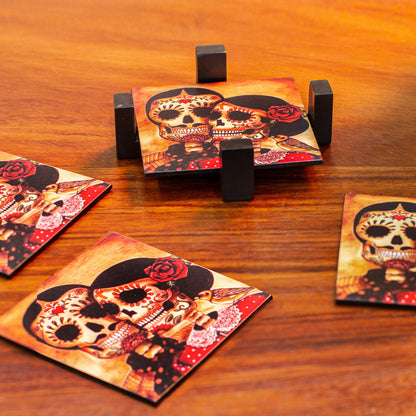 Day of the Dead Romance Set of 4 Decoupage Coasters with Day of the Dead Theme