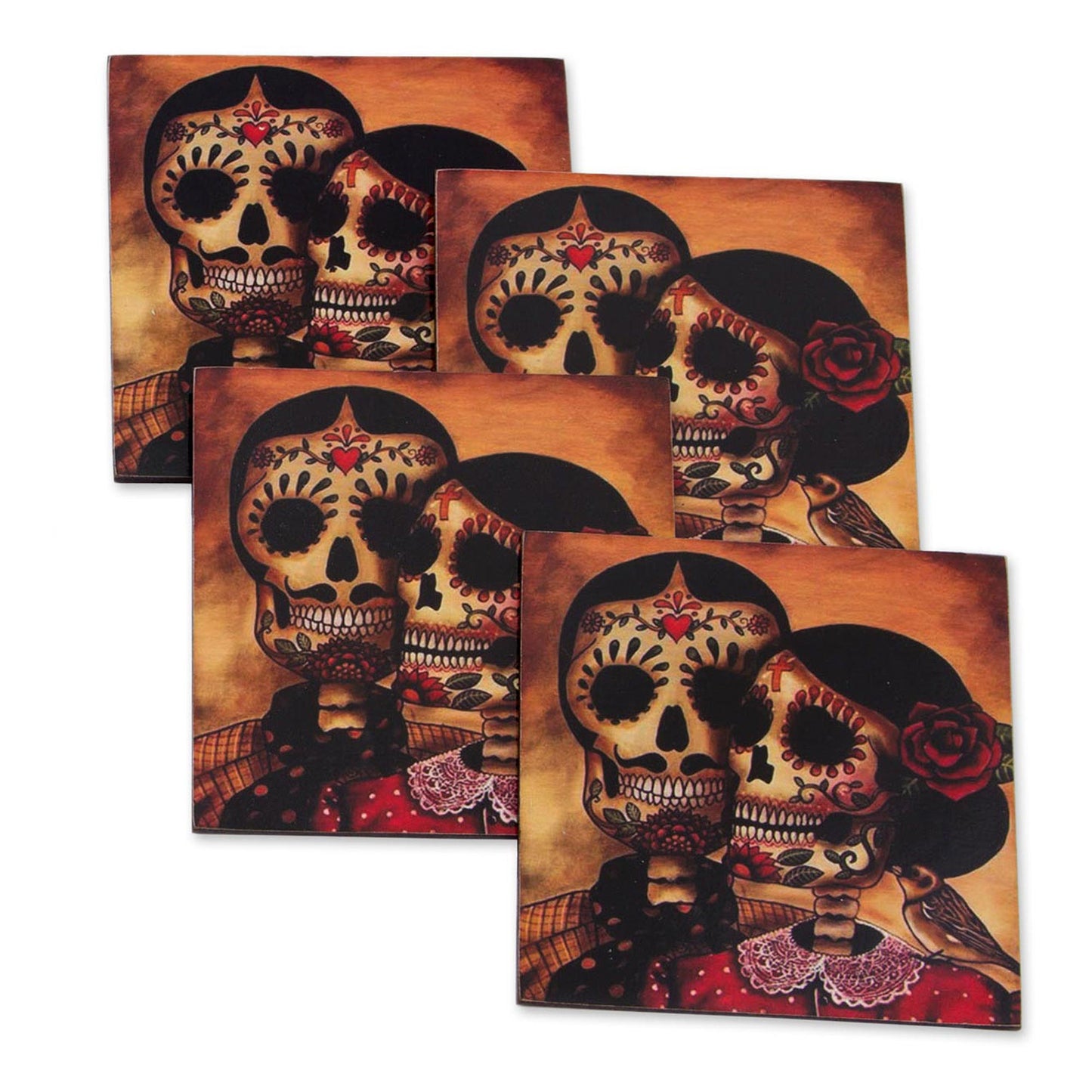 Day of the Dead Romance Set of 4 Decoupage Coasters with Day of the Dead Theme