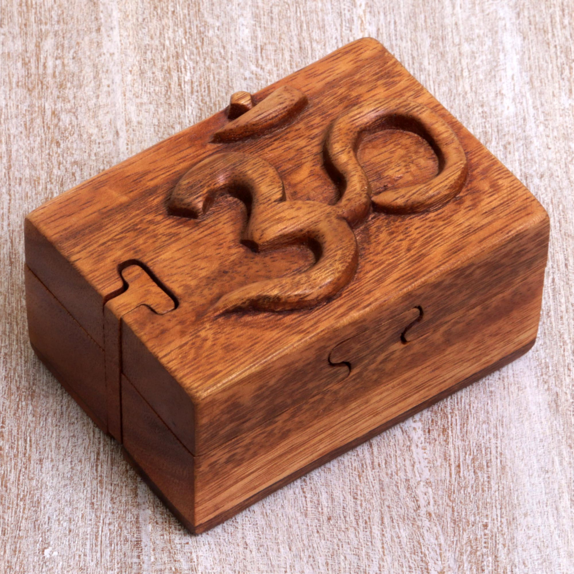 NOVICA Om Protector Hand Carved Wood Puzzle Box Om Symbol from Indonesia