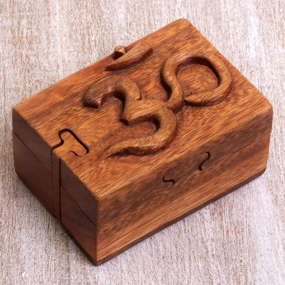 Om Protector Hand Carved Wood Puzzle Box Om Symbol from Indonesia