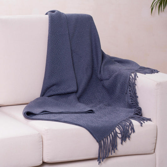 Puno Traditions in Blue Alpaca and AcrylicThrow Blanket with Fringe in Denim Blue