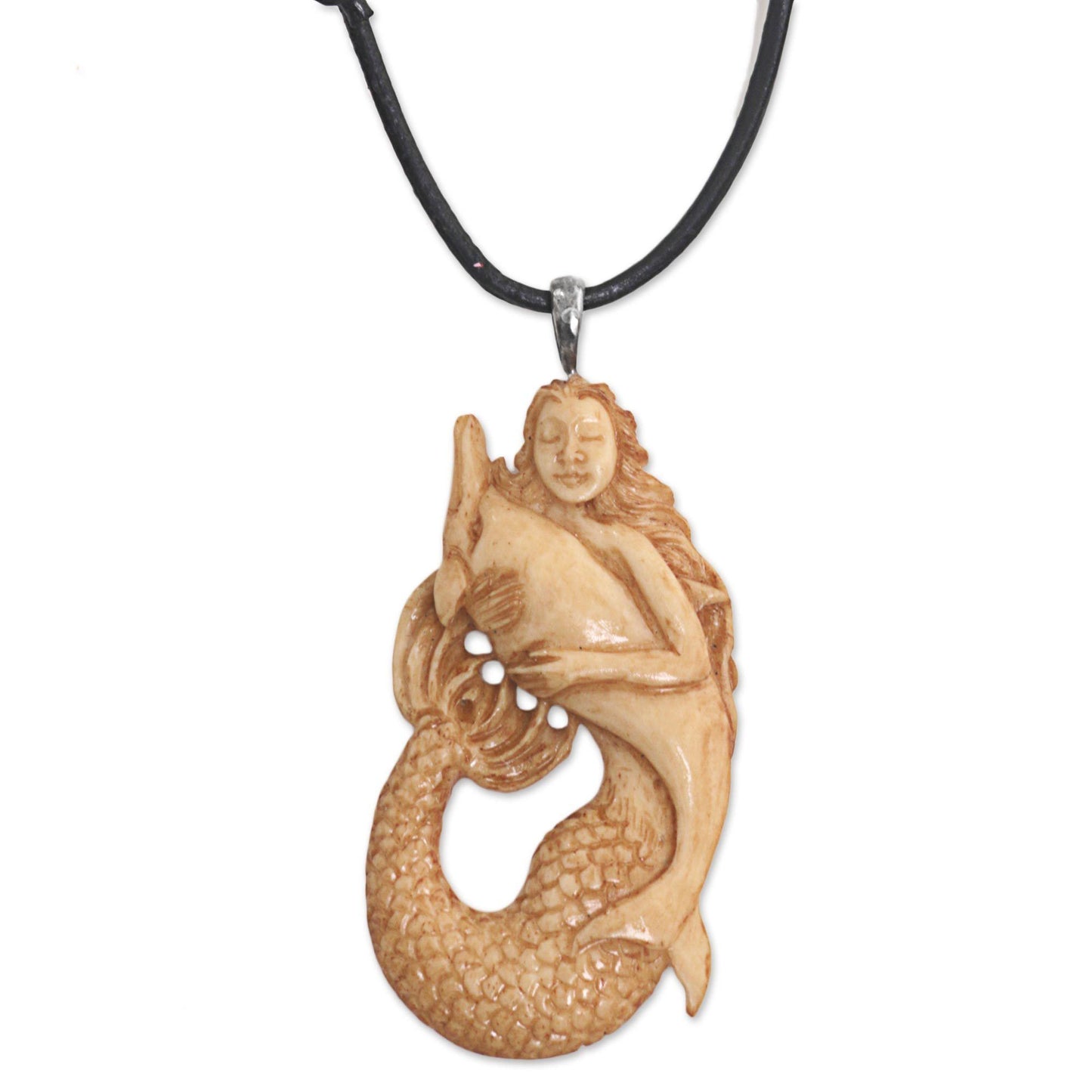 Mermaid & Dolphin Hand-Carved Pendant Necklace