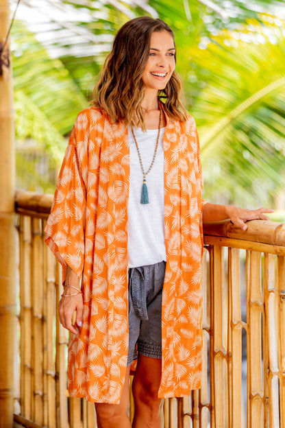 Windy Beach in Orange Balinese Rayon Print Robe in Ivory and Orange