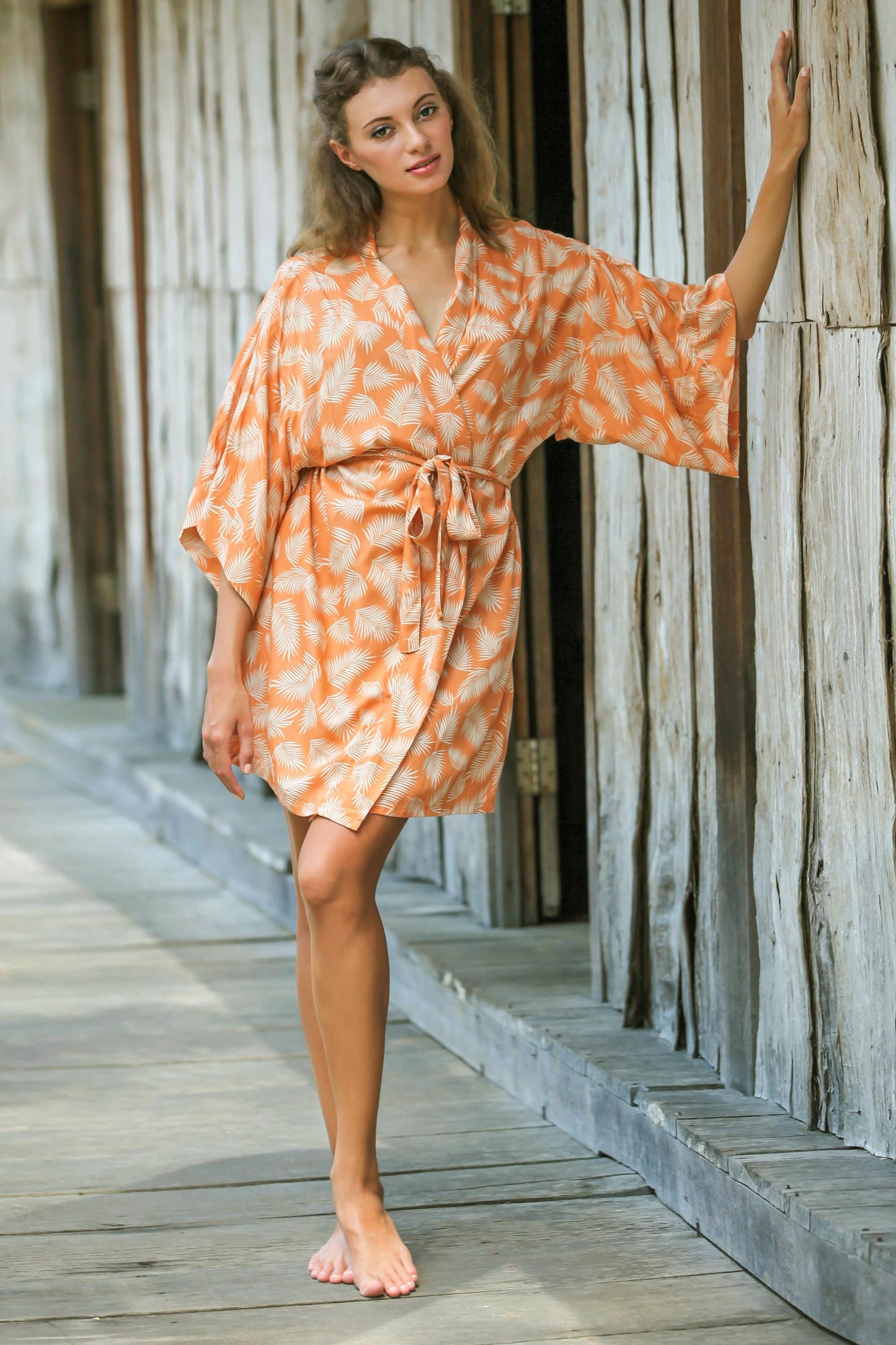 Windy Beach in Orange Balinese Rayon Print Robe in Ivory and Orange