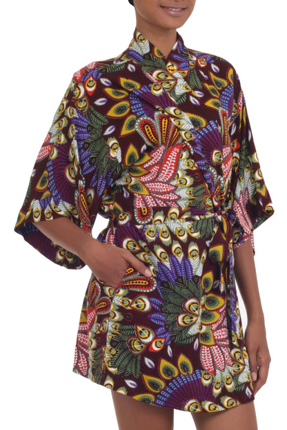 Jungle Groove Multicolored Floral Rayon Robe in Rosewood from Indonesia