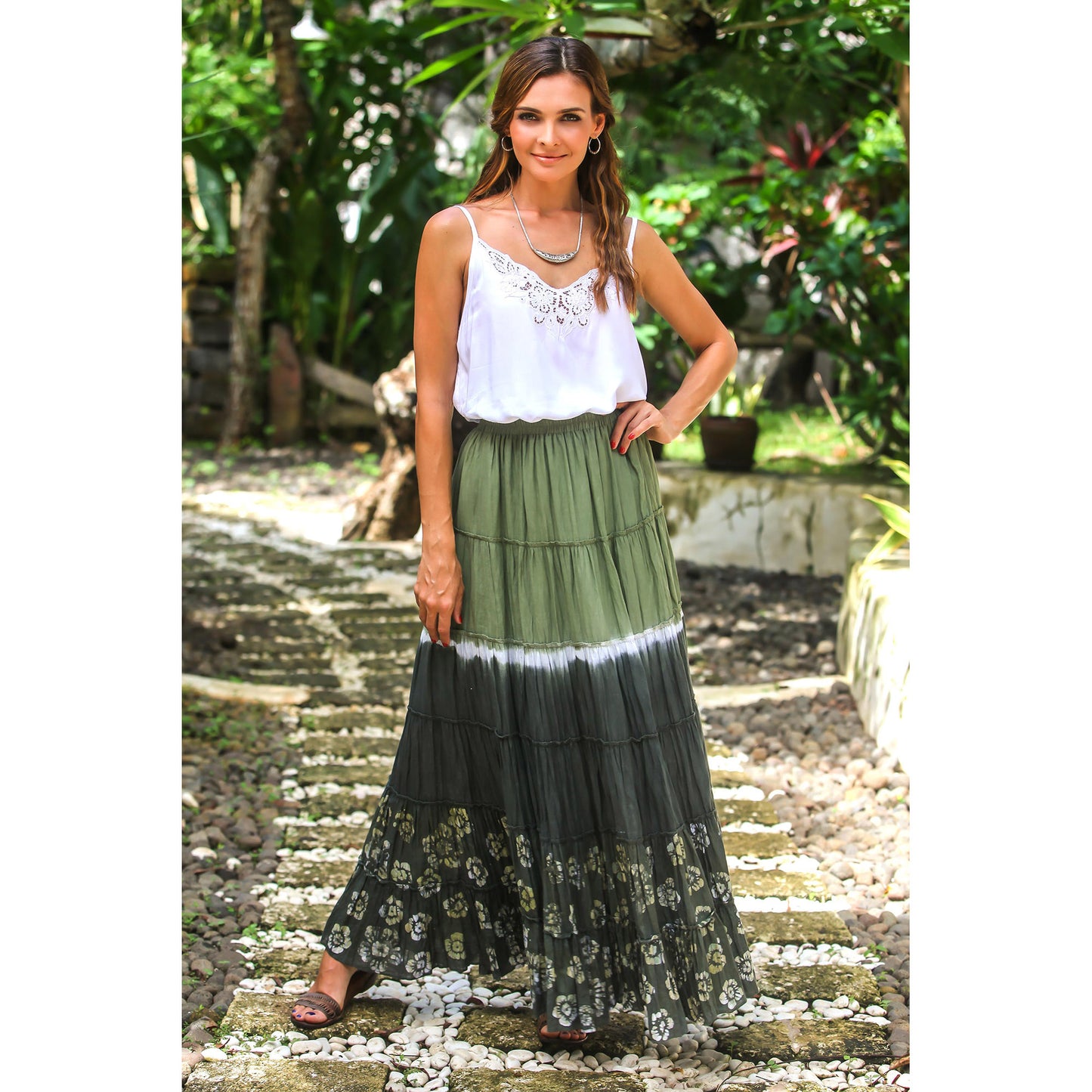 Festive Summer in Olive Black & Green Batik Cotton Skirt