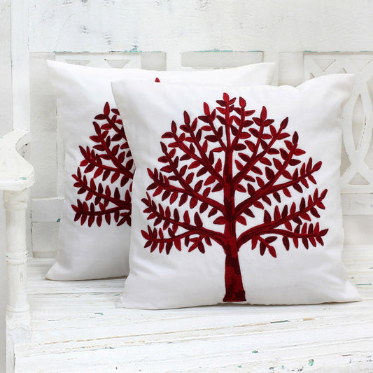 Chinar Tree Embroidered Cotton Cushion Covers Red Tree (Pair) India