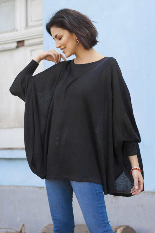Night Breeze Soft Knit Bohemian Style Black Drape Sweater from Peru