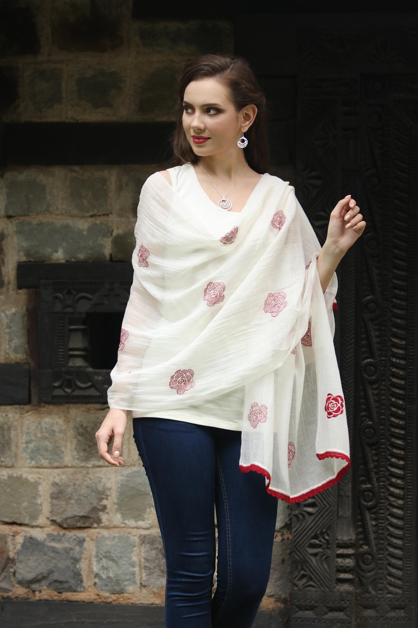Chikan Roses in Claret Cotton and Silk Shawl in Champagne and Claret from India