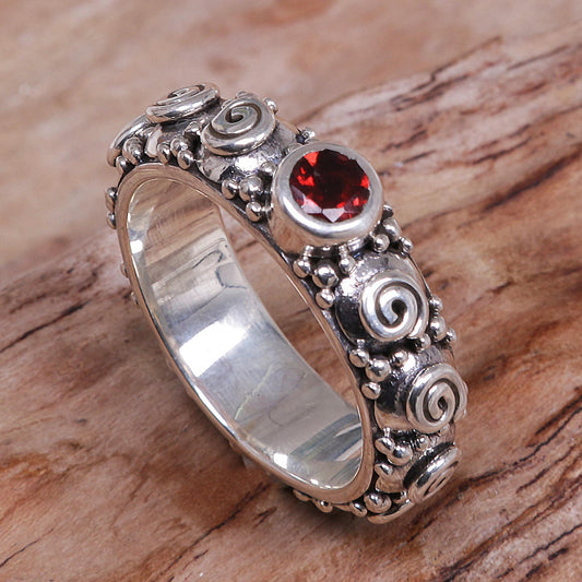 Swirls of Joy in Red Garnet and Sterling Silver Single Stone Ring from Indonesia