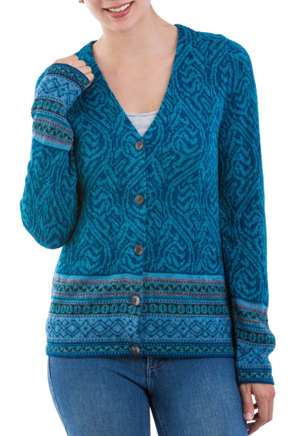 Dreamy Blues Teal 100% Alpaca Wool Cardigan Sweater from Peru