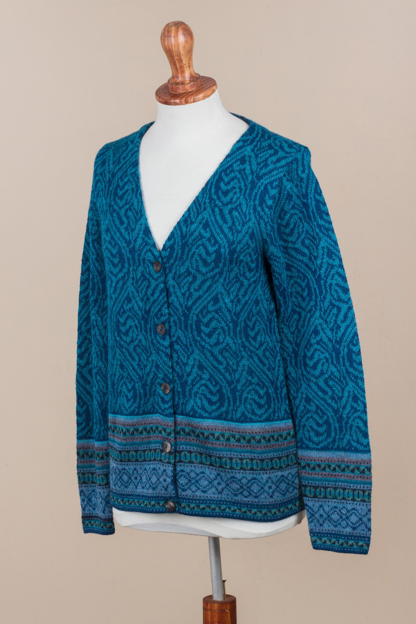 Dreamy Blues Teal 100% Alpaca Wool Cardigan Sweater from Peru