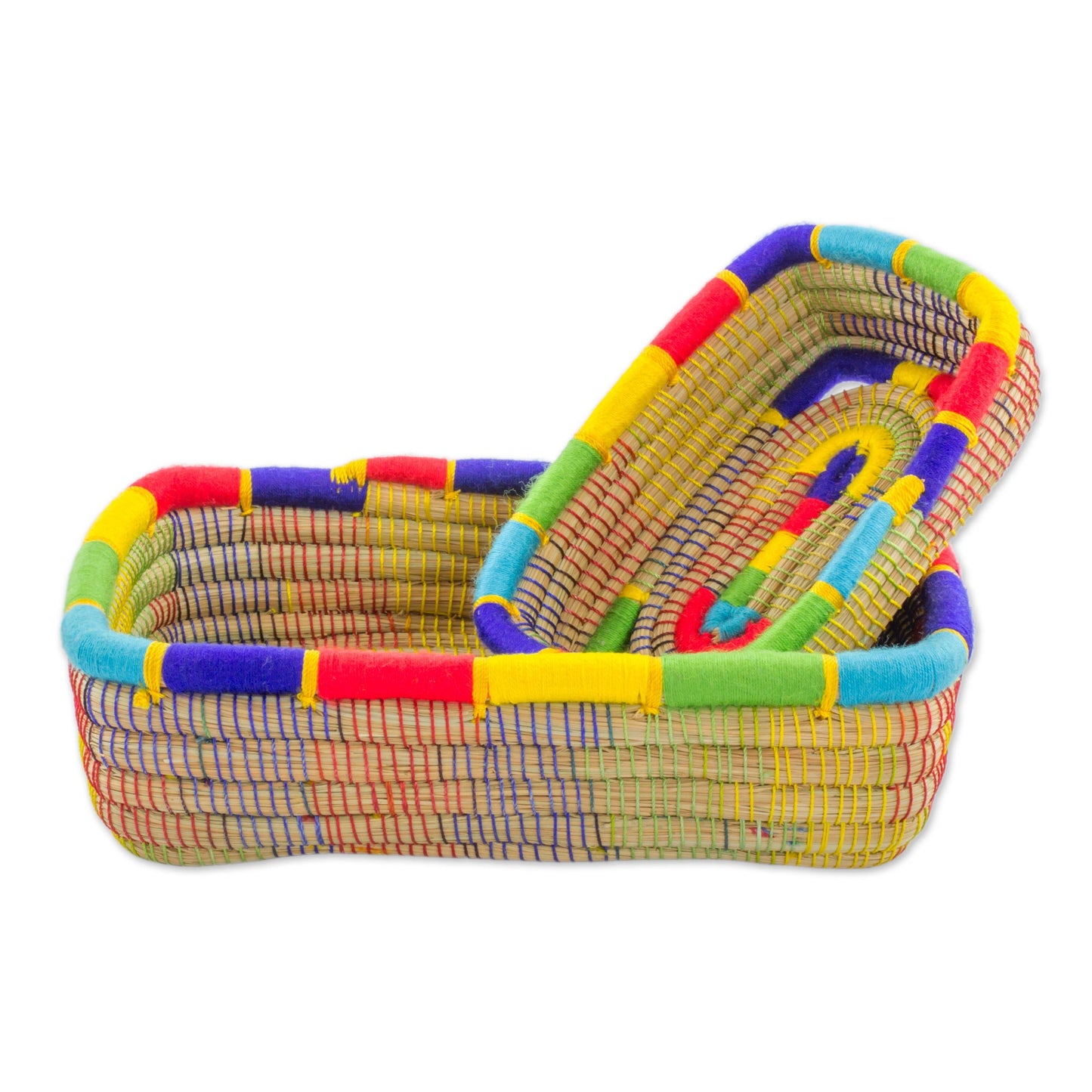 Multicolored Managua Two Rainbow Trim Nicaraguan Handwoven Pine Needle Baskets