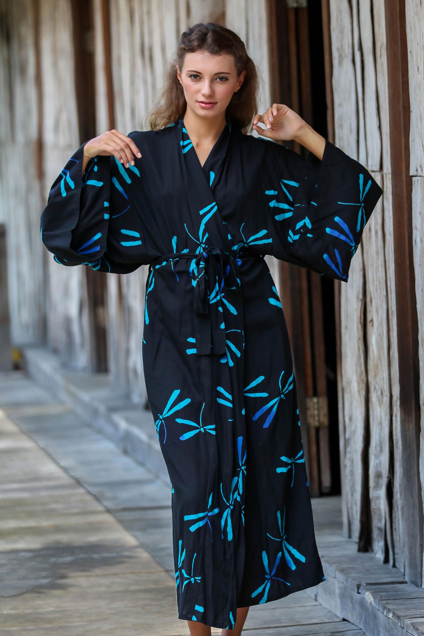 Night Dragonflies Handcrafted Black Batik Robe with Dragonflies from Bali