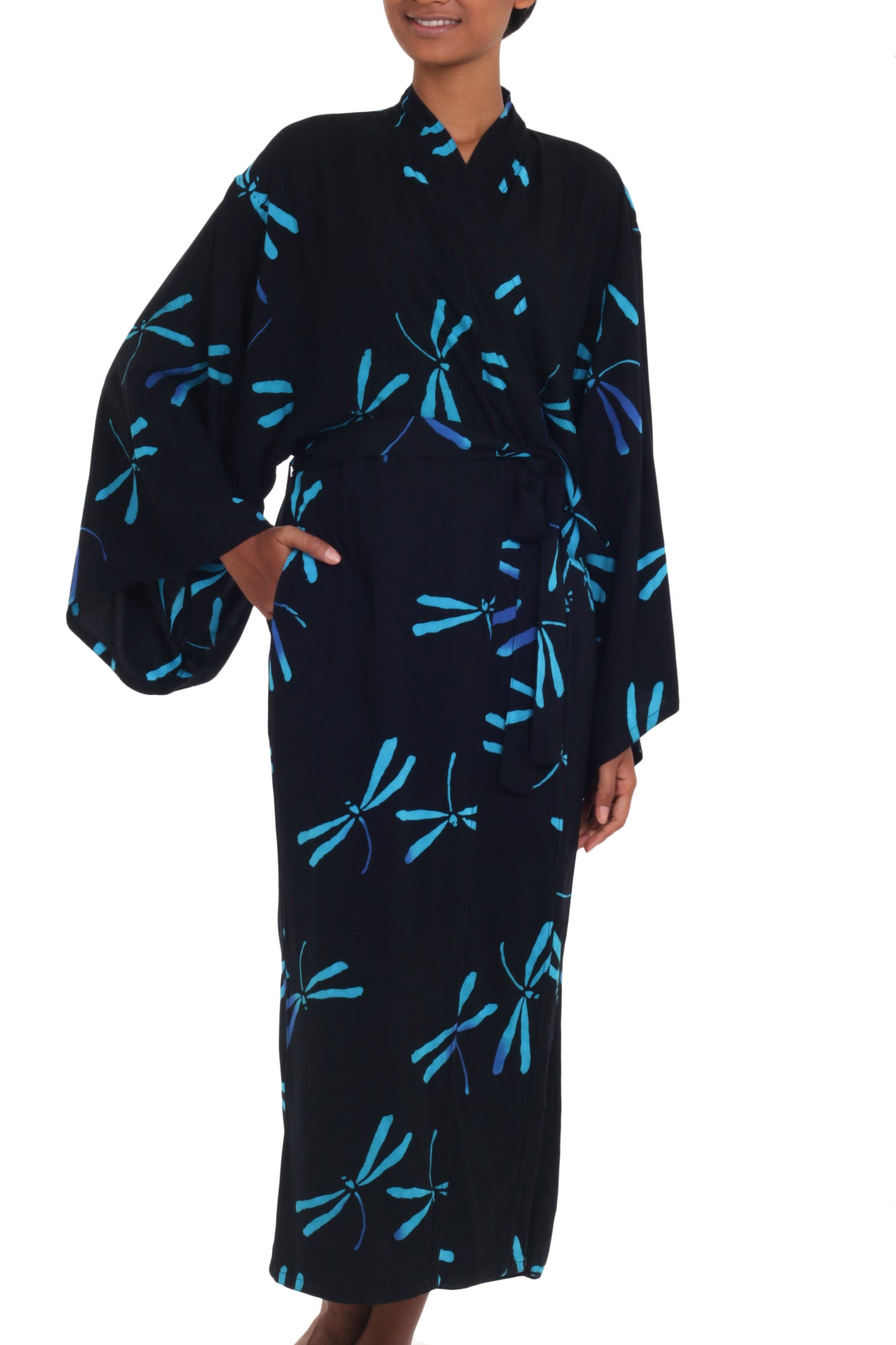 Night Dragonflies Handcrafted Black Batik Robe with Dragonflies from Bali