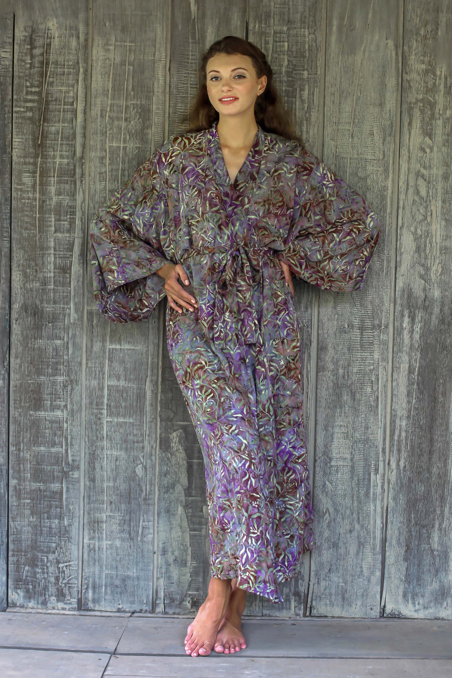 Floral Mansion Sienna Purple Floral Batik on Rayon Long Robe from Indonesia