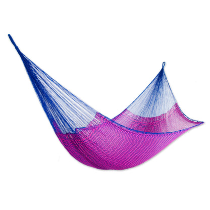 Berry Blossom Hand Woven Pink and Blue Nylon Hammock from Mexico (Double)