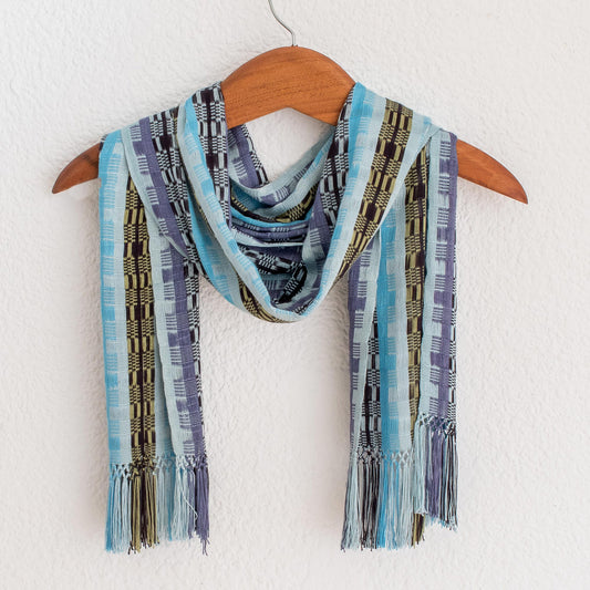 Multicolor Blue Bamboo Hand Woven Rayon Scarf in Shades of Blue and Lilac