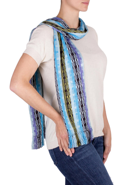 Multicolor Blue Bamboo Hand Woven Rayon Scarf in Shades of Blue and Lilac