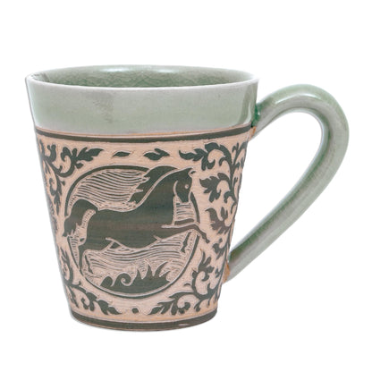 Thai Zodiac Horse Celadon Glazed Ceramic Mug with Horse from Thailand