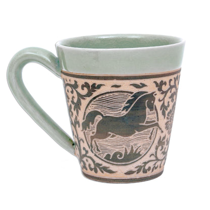 Thai Zodiac Horse Celadon Glazed Ceramic Mug with Horse from Thailand
