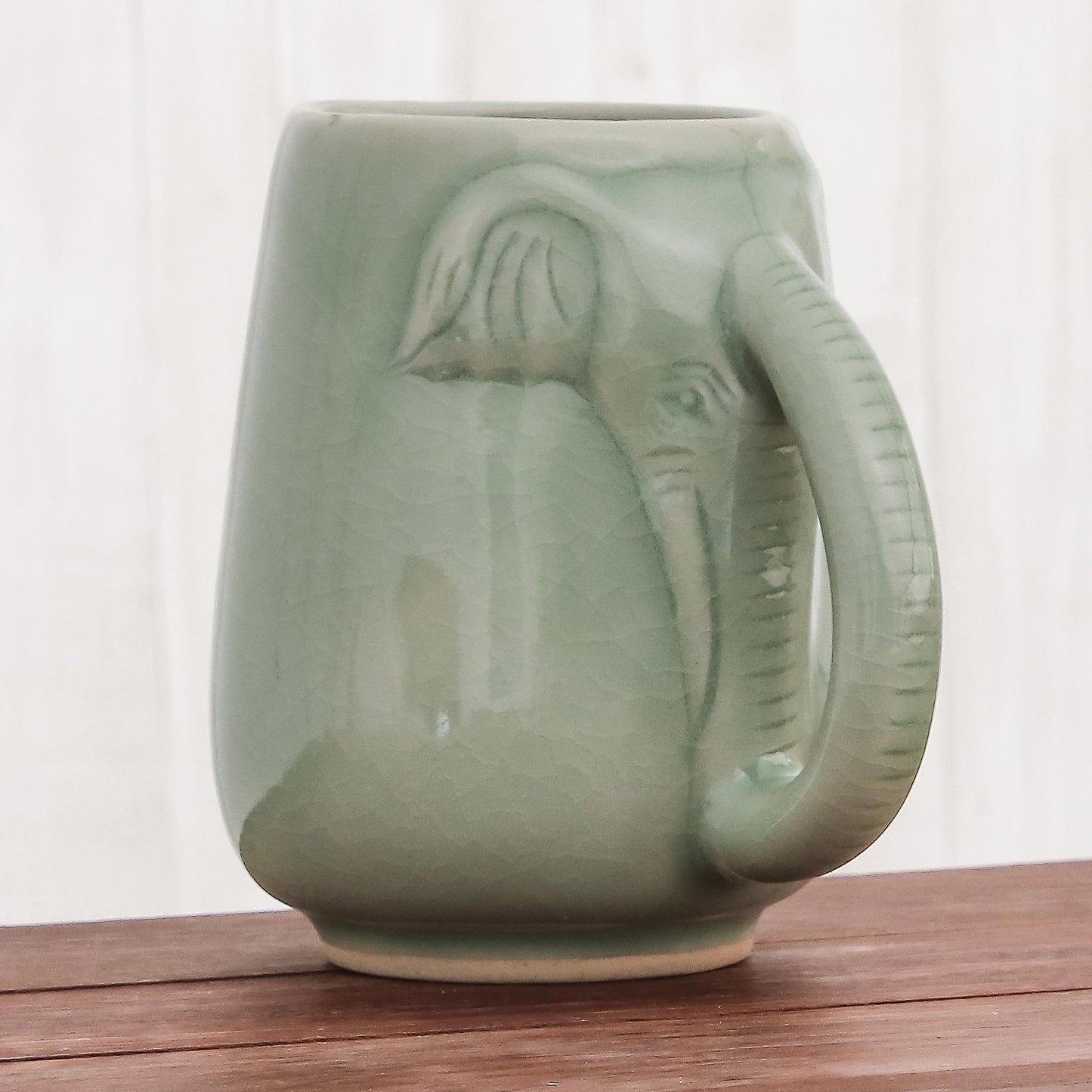 Morning Elephant in Green Ceramic Celadon Elephant Mug in Green from Thailand