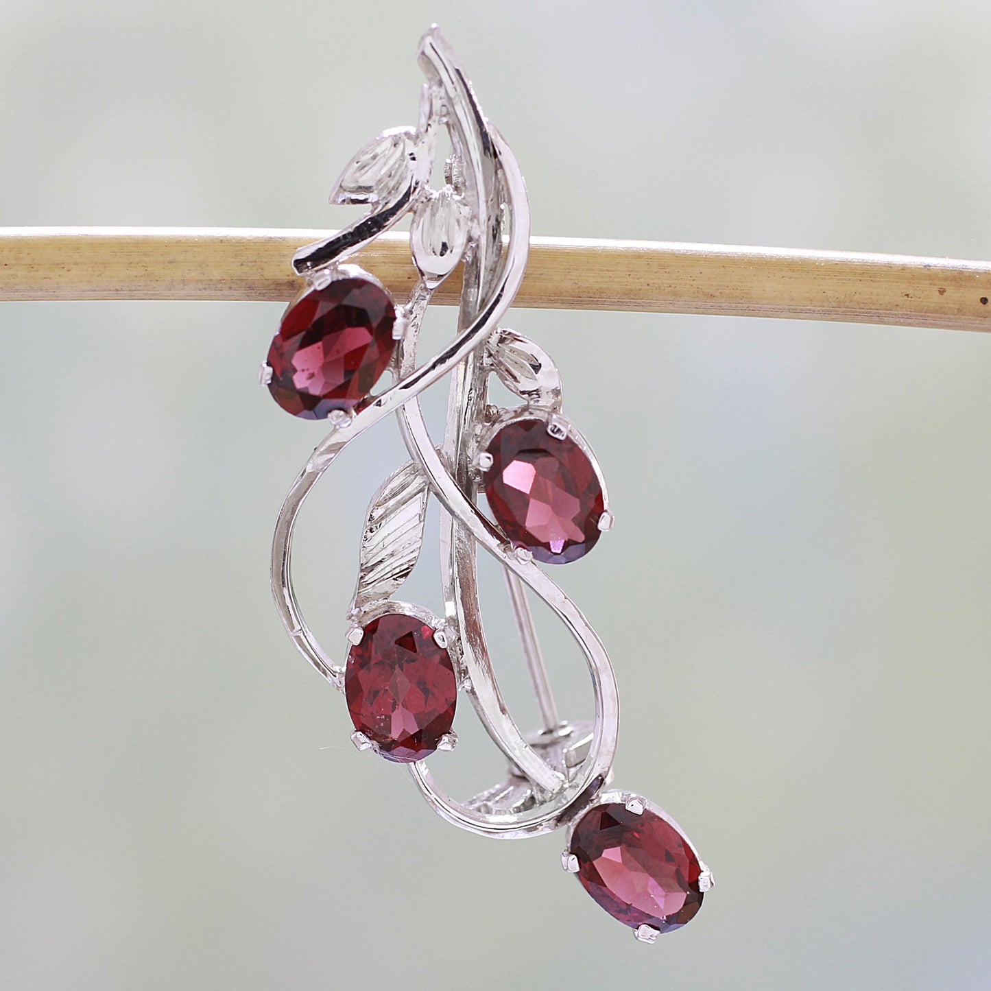 Taste of Autumn Garnet and Sterling Silver Leafy Brooch from India