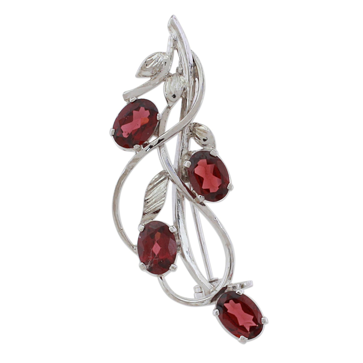 Taste of Autumn Garnet and Sterling Silver Leafy Brooch from India