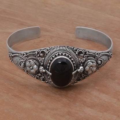 Balinese Magic In Black Onyx & Silver Floral Bracelet