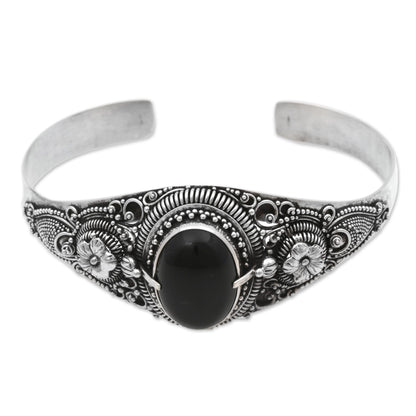Balinese Magic In Black Onyx & Silver Floral Bracelet