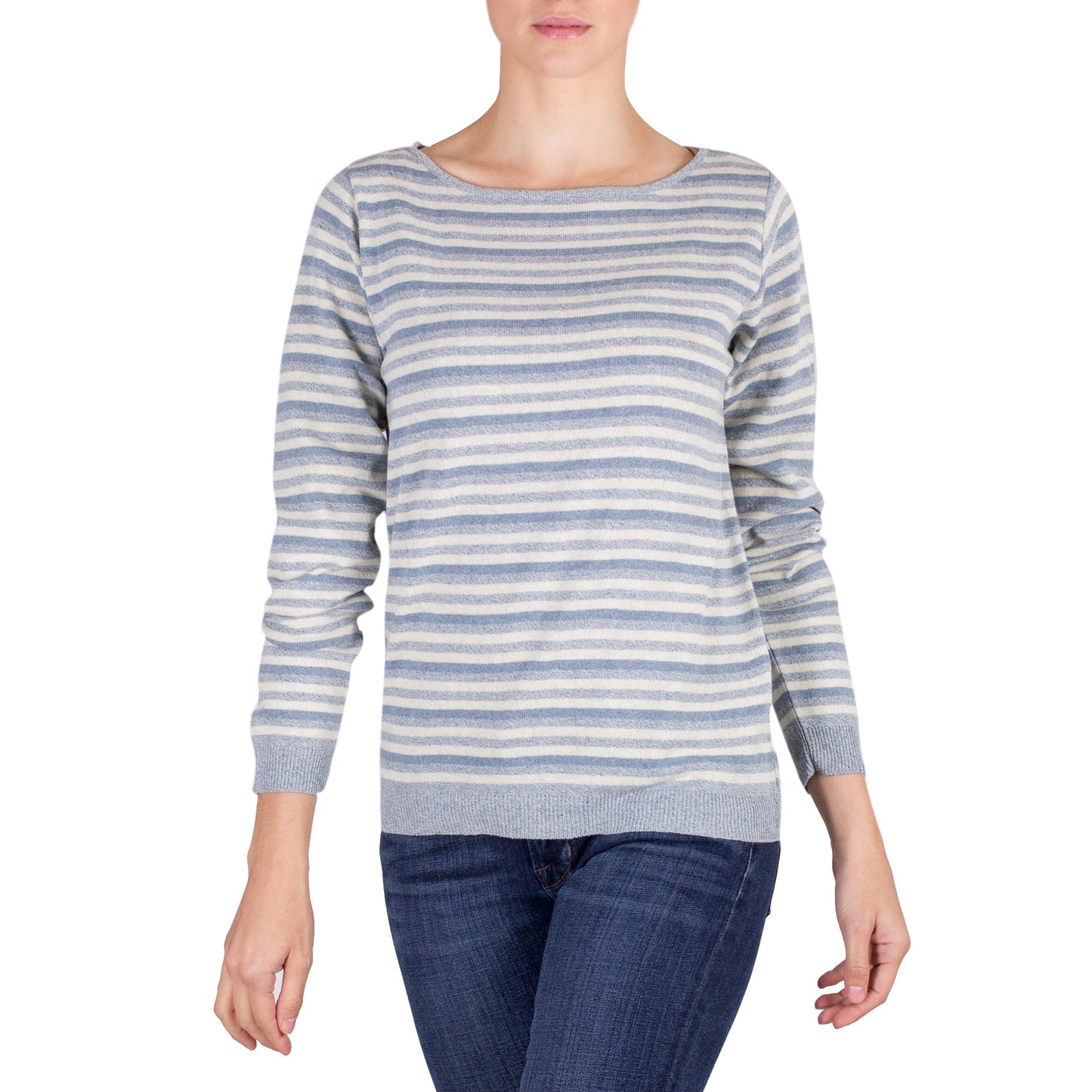 Wedgwood Horizon Women's Blue and Ivory Striped Soft Cotton Pullover Sweater