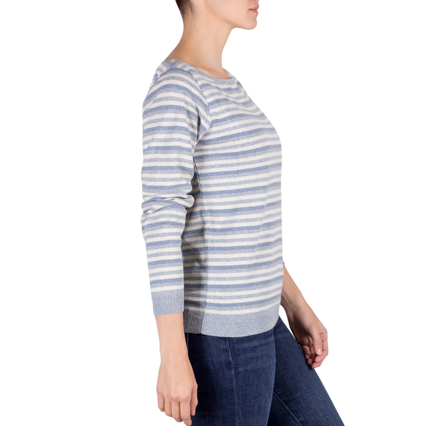 Wedgwood Horizon Women's Blue and Ivory Striped Soft Cotton Pullover Sweater