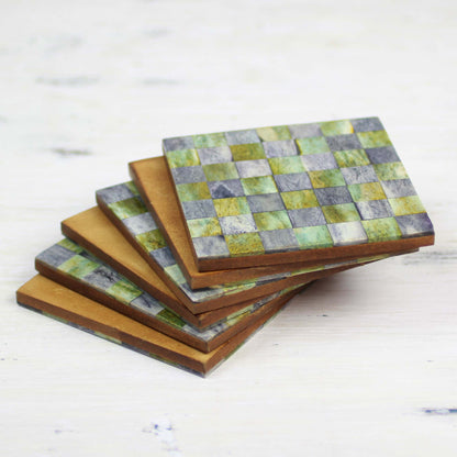 Earthy Checkers Six Green and Grey Checkerboard Bone Coasters from India