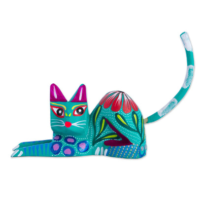 Excited Cat in Teal Copal Wood Alebrije Cat Sculpture in Teal from Mexico