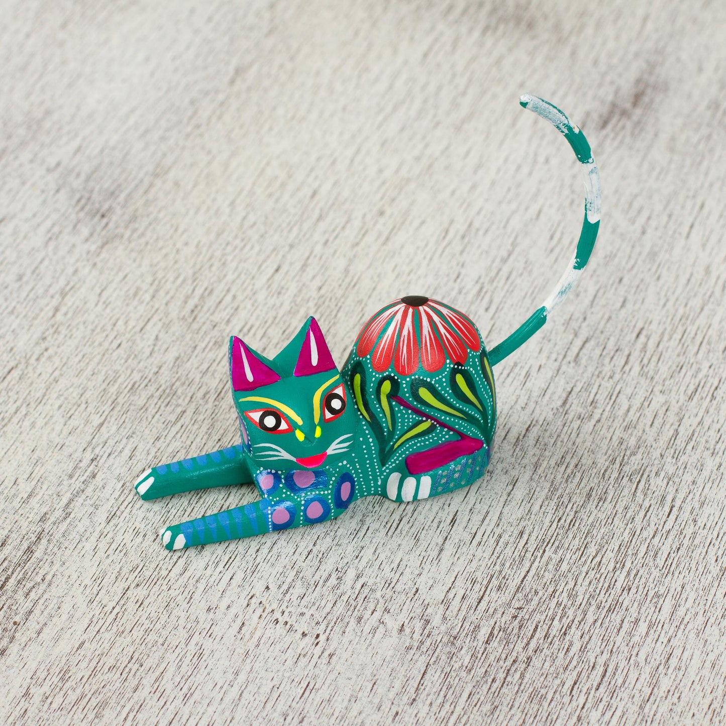 Excited Cat in Teal Copal Wood Alebrije Cat Sculpture in Teal from Mexico