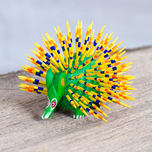 Cute Porcupine Green & Yellow Painted Wood Alebrije Sculpture