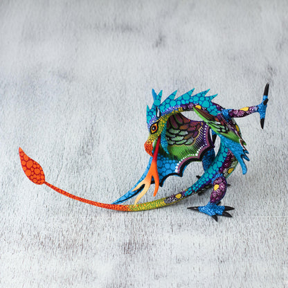 Mexican Dragon in Blue Copal Wood Dragon Alebrije Sculpture in Blue from Mexico