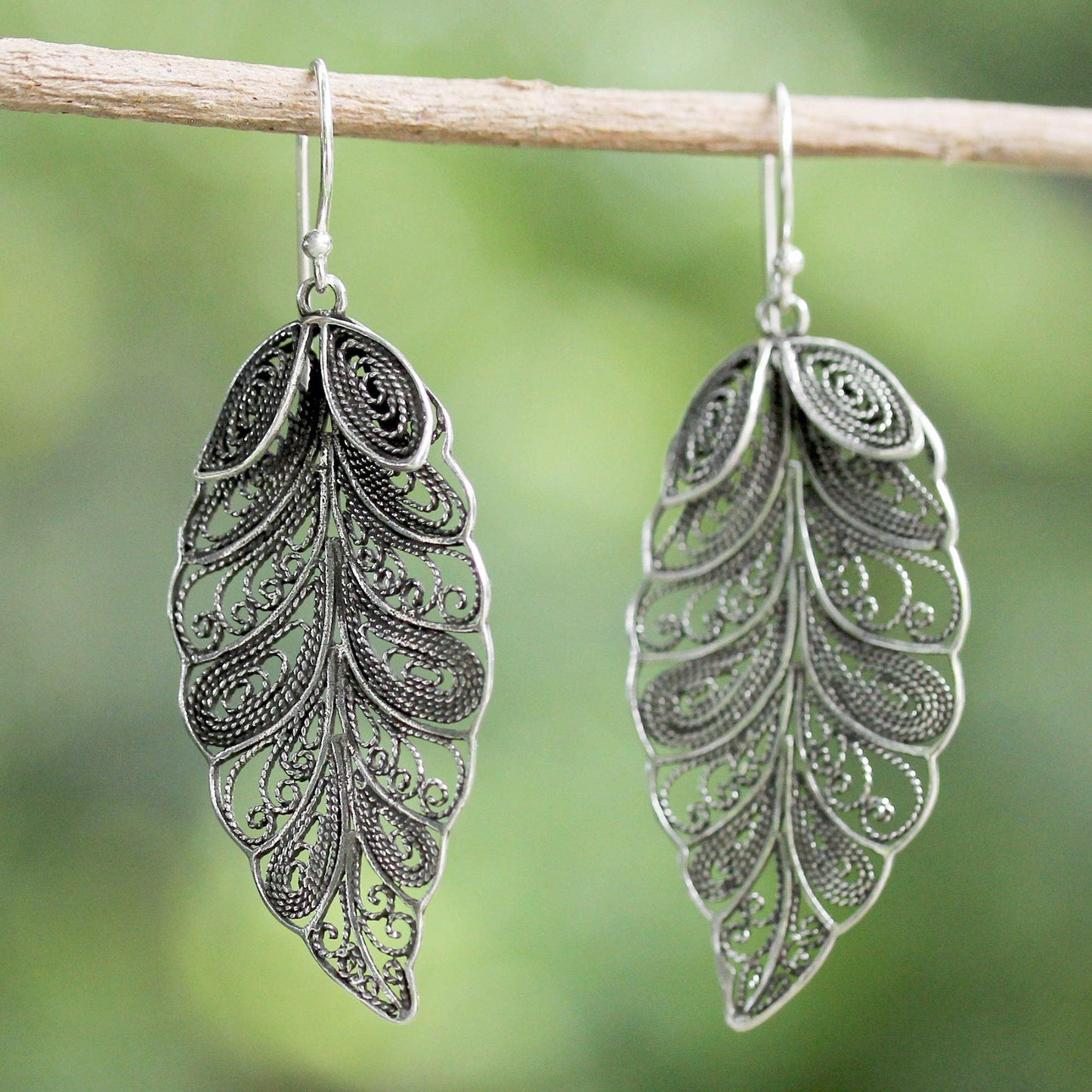 Feathered Leaves Sterling Silver Dangle Earrings