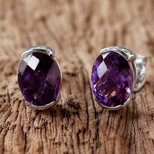 Precious Plum Amethyst and Sterling Silver Stud Earrings from Thailand
