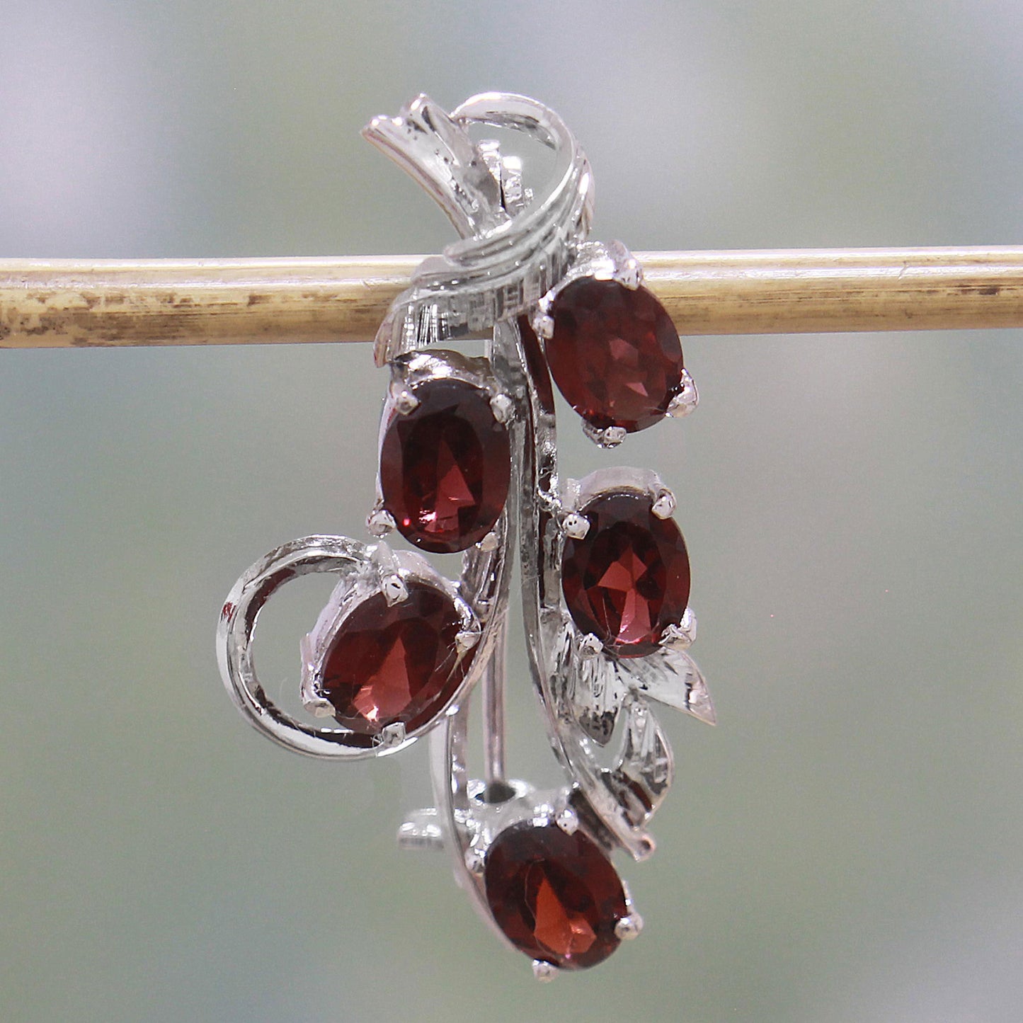 Princess of Red Leaves Rhodium Plated Garnet and Sterling Silver Leaf Brooch
