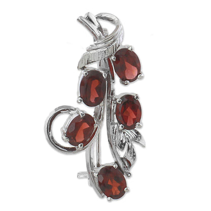 Princess of Red Leaves Rhodium Plated Garnet and Sterling Silver Leaf Brooch