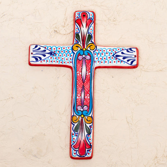 Red Lily Ceramic Wall Cross with Multicolored Motifs from Mexico