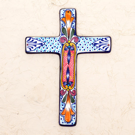 Orange Lily Hand Crafted Multicolored Ceramic Wall Cross From Mexico