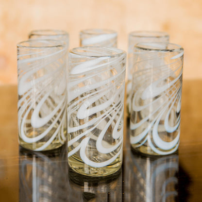 Whirling White Set of 6 Blown Recycled White Highball Glasses from Mexico